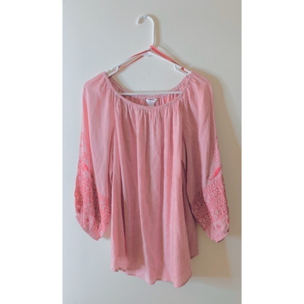 INTROPink&WhiteStripedEmbroideredFloralTunic-XS